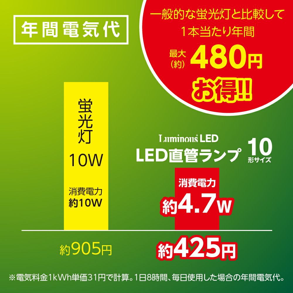 LuminousLED(ルミナス) LED直管 10形 昼白色 グロースターター式 G13