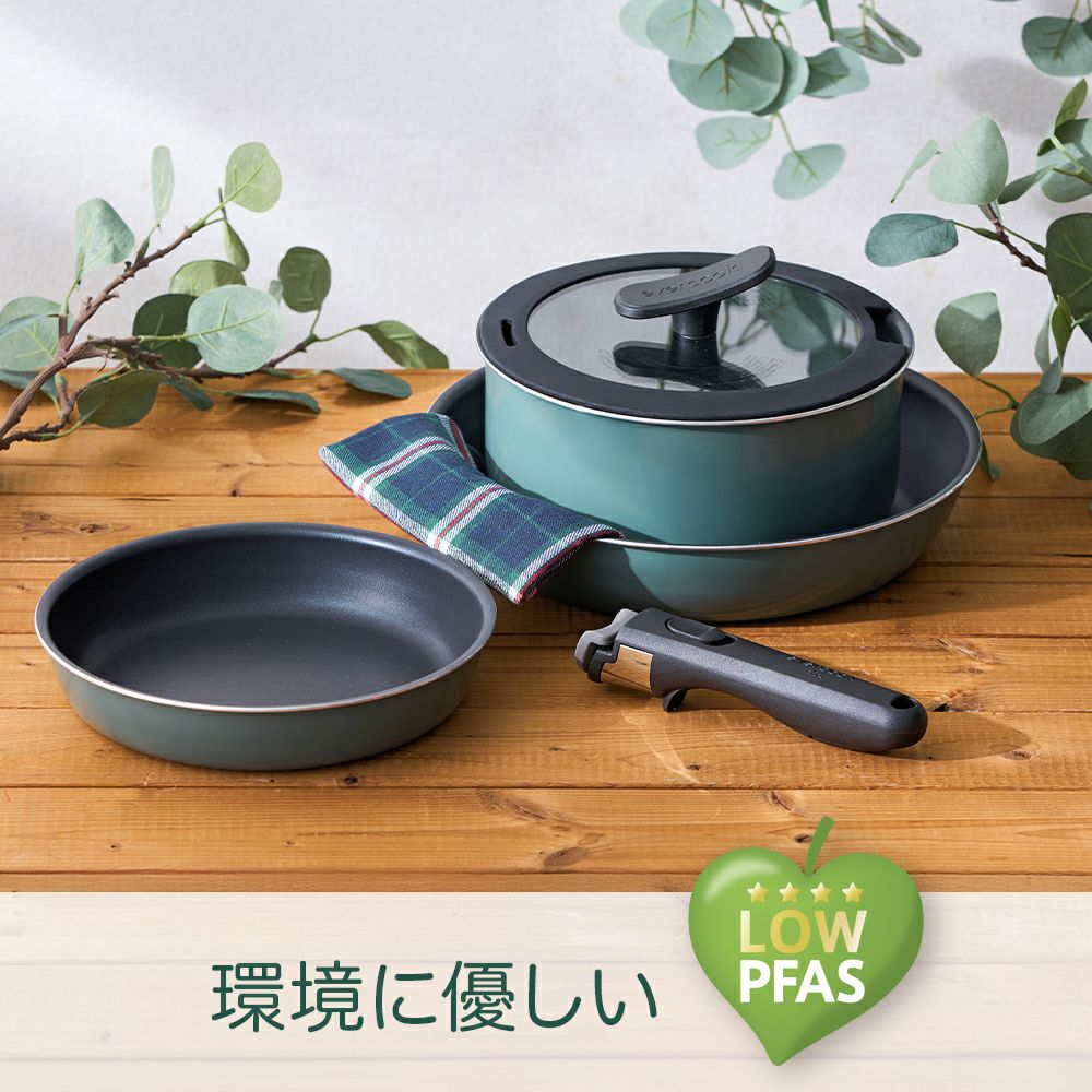evercook 鍋・フライパンセット 脱着6点　オール熱源対応 evercook GREEN (エバークック グリーン) IH対応 着脱式 フライパン